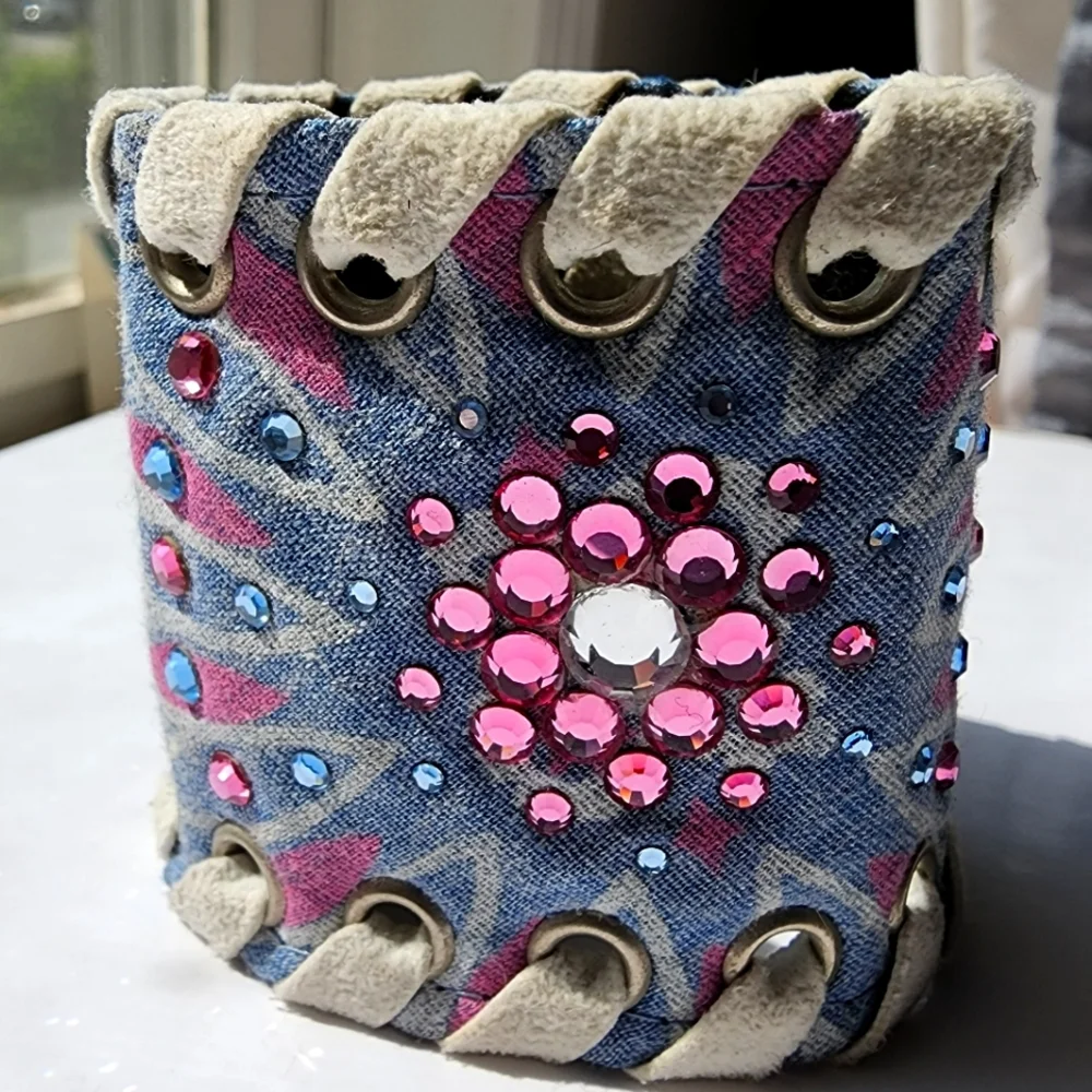 OOAK Textile blue, hot pink rhinestone and suede band snap button bracelet,